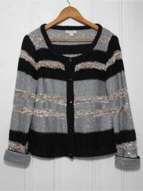 Boston Proper Striped Black & Gray with Sequins Cardigan Sweater Size Large NWOT